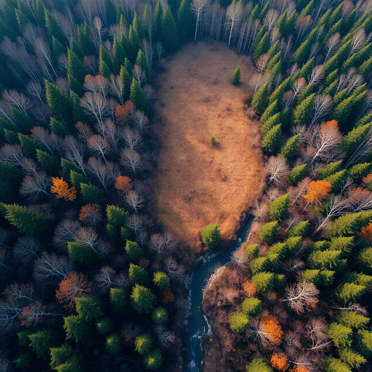 Aerial view of a wooded land parcel with creek