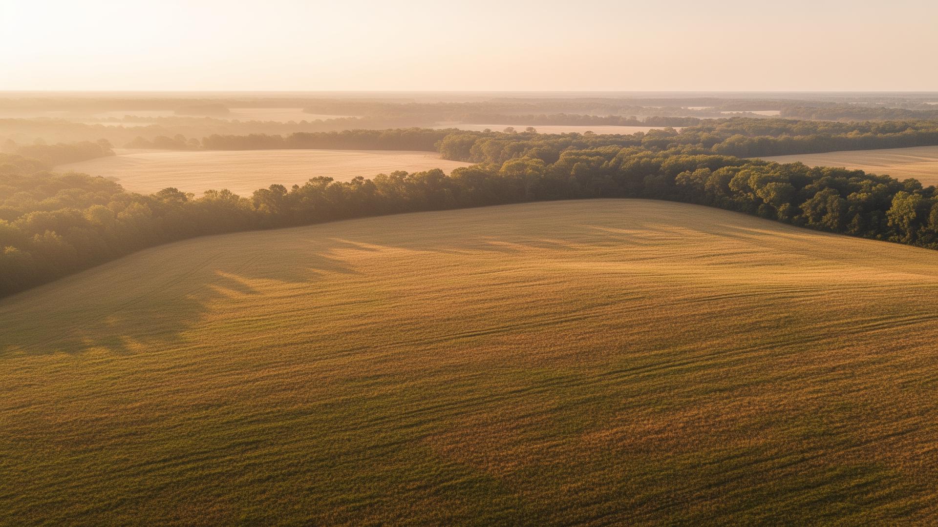 Aerial view of open American farmland at golden hour